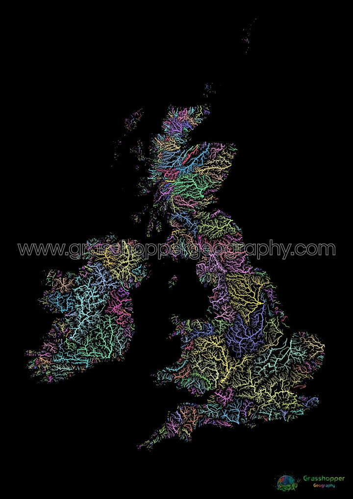 River basin map of the British Isles, pastel colours on black - Fine Art Print