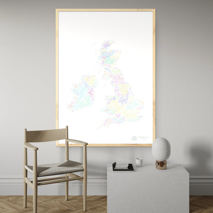 Las Islas Británicas - Mapa de la cuenca fluvial, pastel sobre blanco - Impresión de Bellas Artes