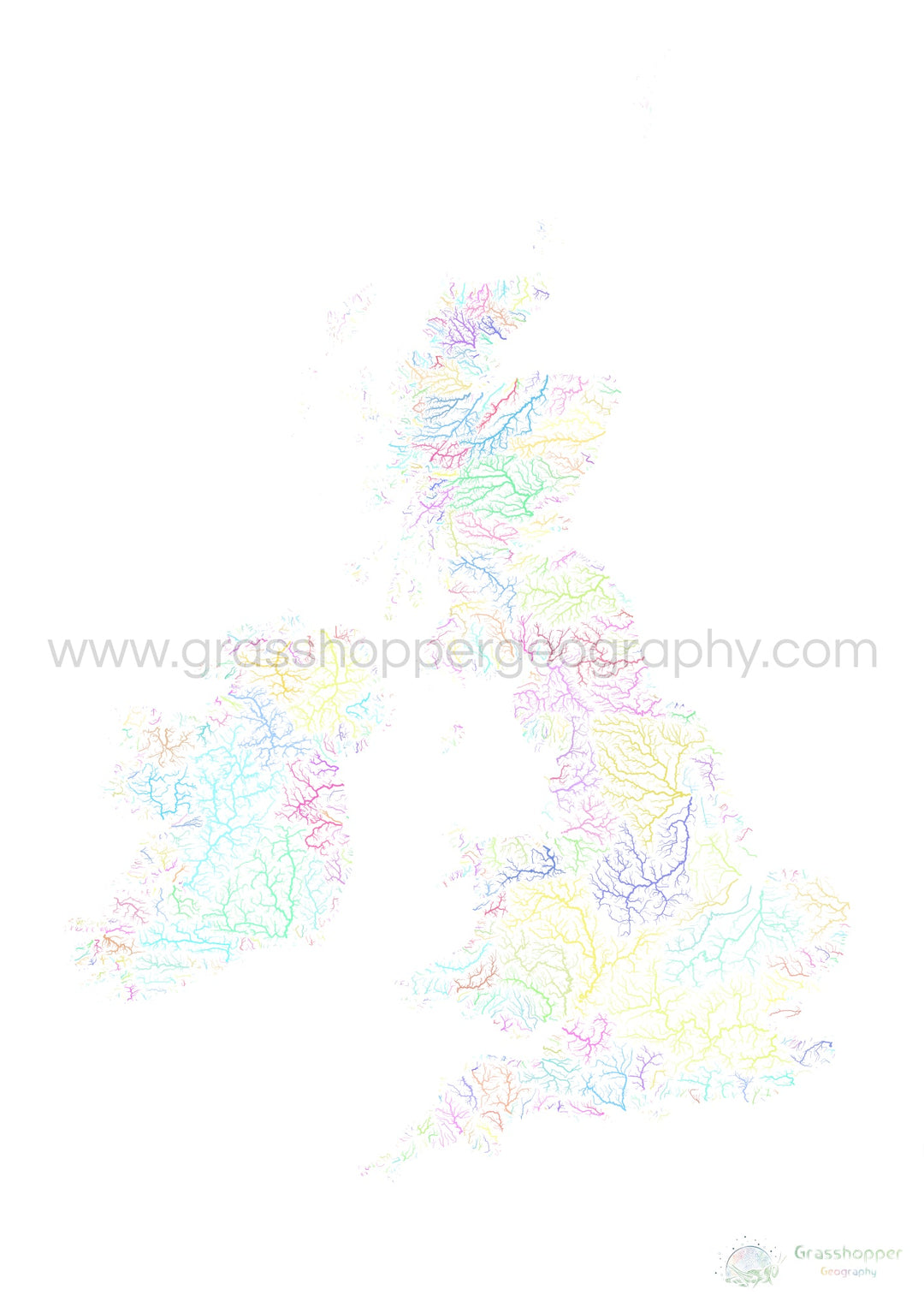 Les îles britanniques - Carte des bassins fluviaux, pastel sur blanc - Fine Art Print