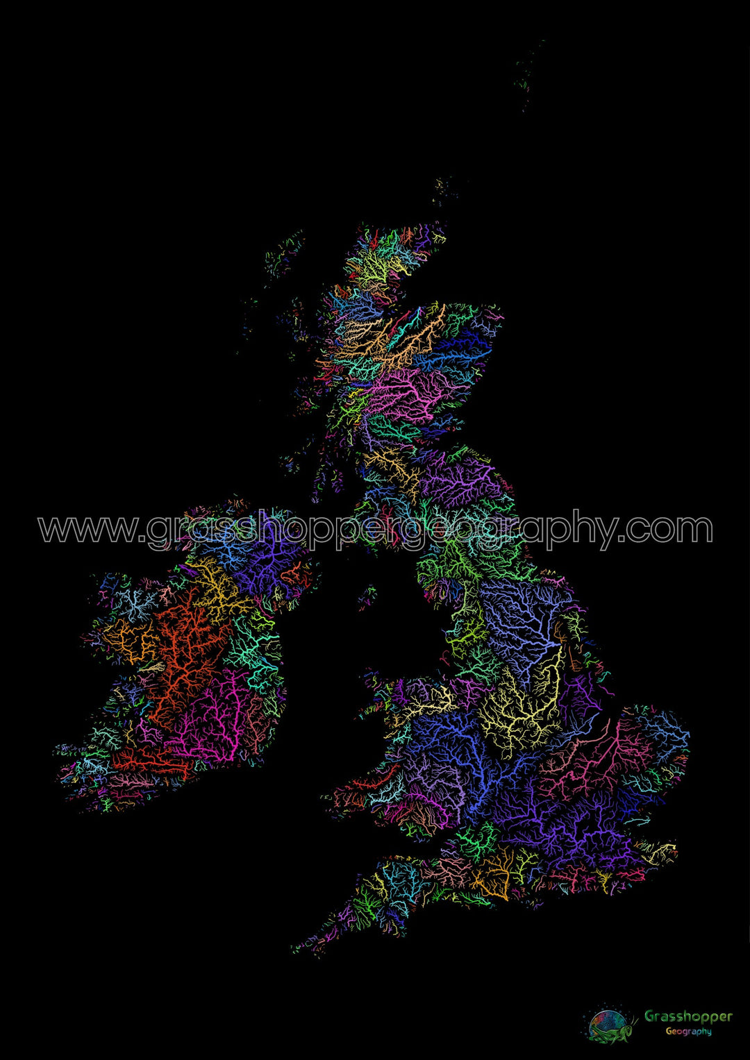 Las Islas Británicas - Mapa de la cuenca fluvial, arco iris sobre negro - Impresión de Bellas Artes