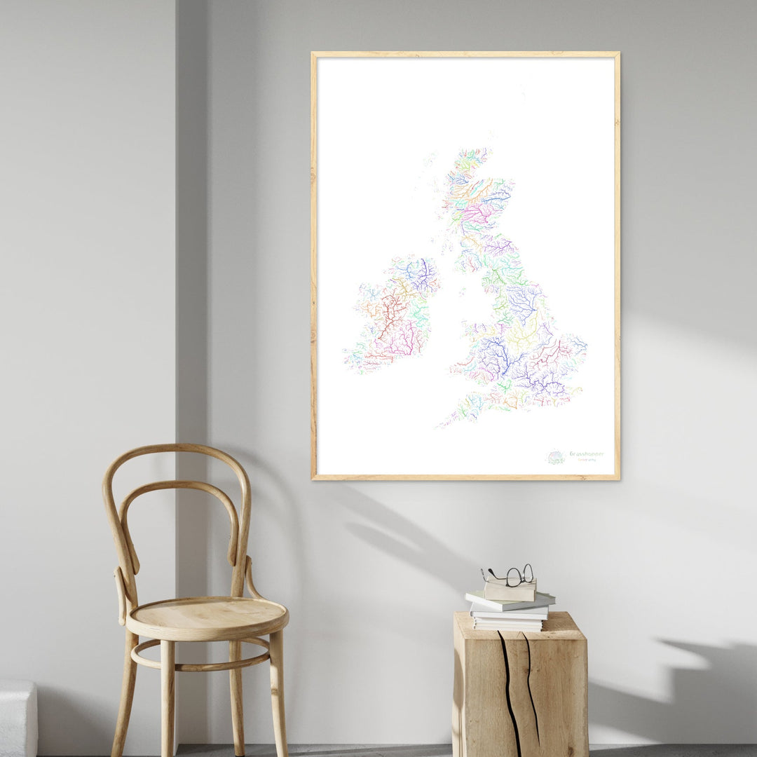 Las Islas Británicas - Mapa de la cuenca fluvial, arco iris sobre blanco - Impresión de Bellas Artes