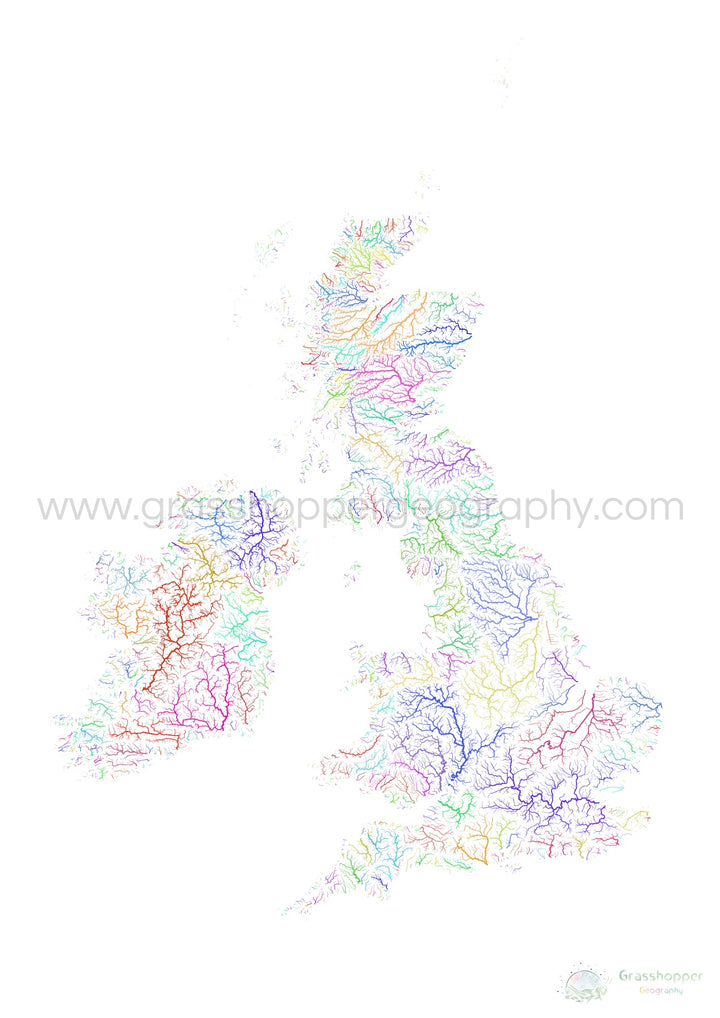 Las Islas Británicas - Mapa de la cuenca fluvial, arco iris sobre blanco - Impresión de Bellas Artes