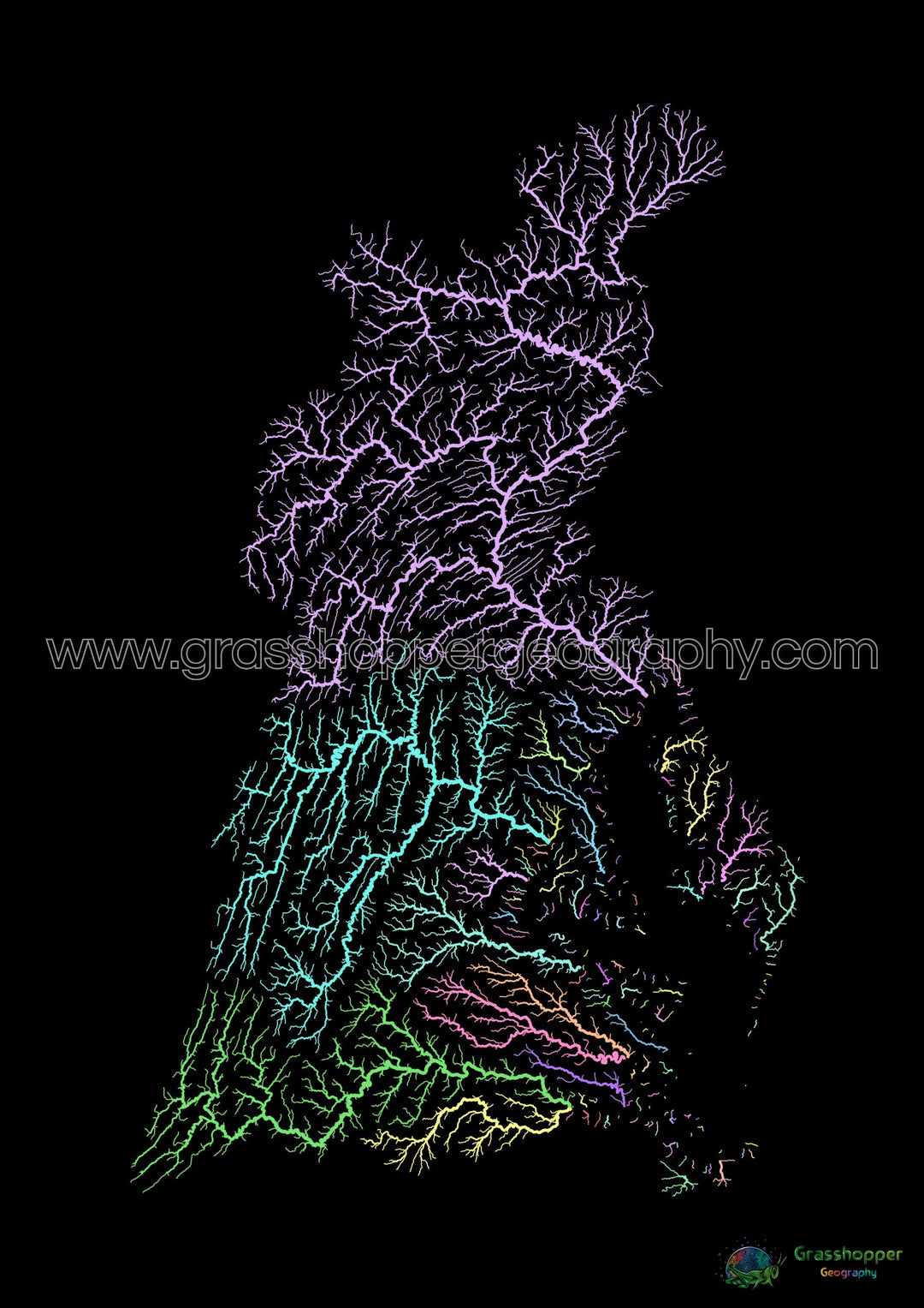 La Bahía de Chesapeake - Mapa de la cuenca del río, pastel sobre negro - Impresión de Bellas Artes