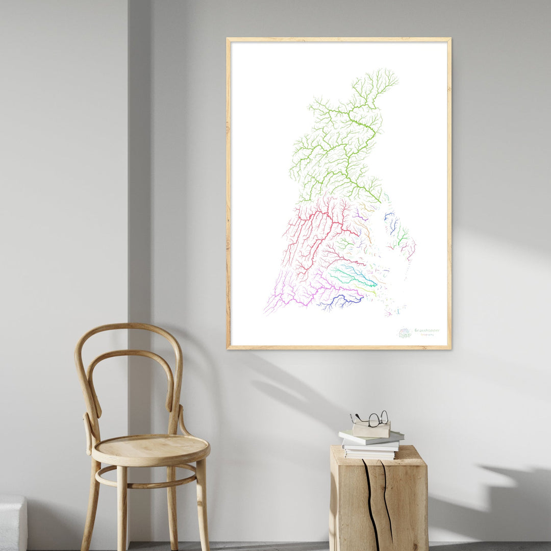 La Bahía de Chesapeake - Mapa de la cuenca del río, arco iris sobre blanco - Impresión de Bellas Artes