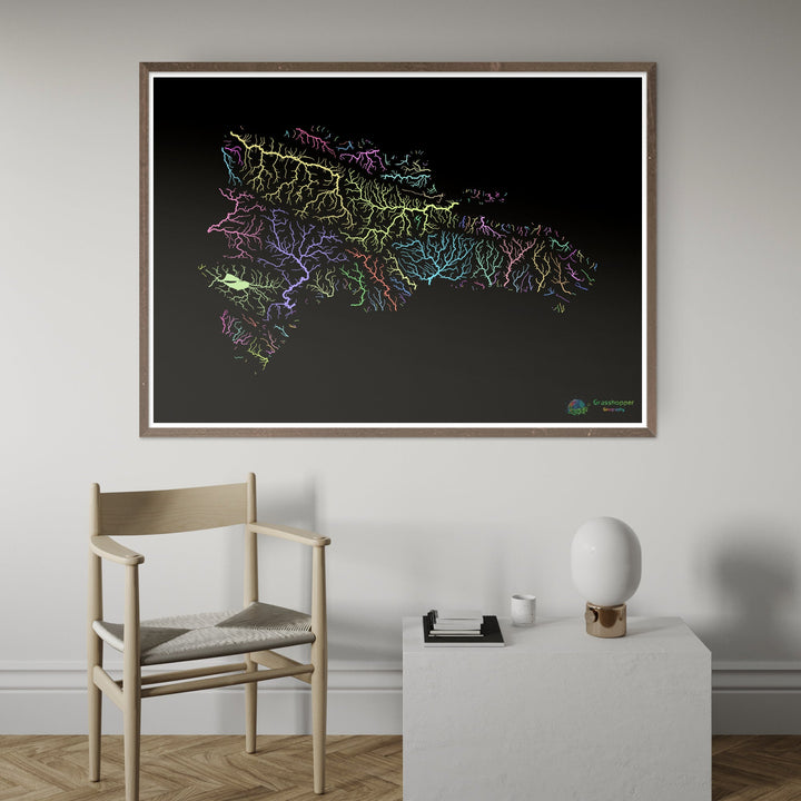 République Dominicaine - Carte des bassins fluviaux, pastel sur noir - Fine Art Print