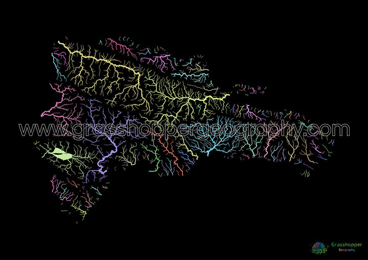 République Dominicaine - Carte des bassins fluviaux, pastel sur noir - Fine Art Print