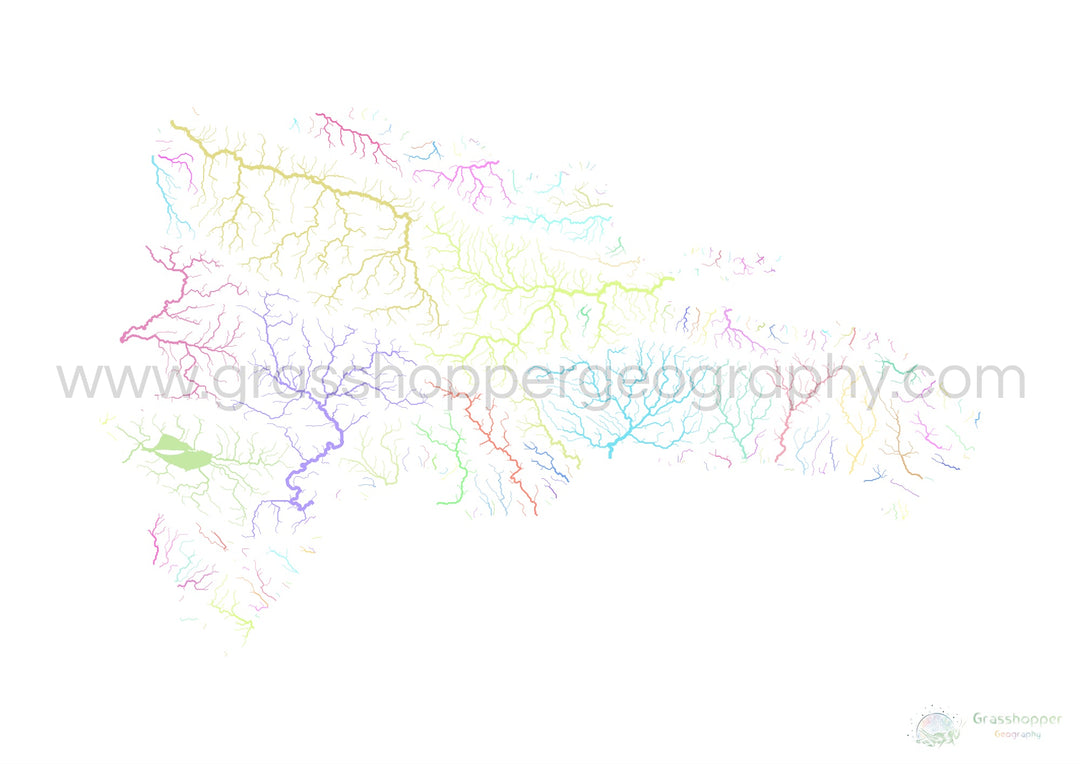 The Dominican Republic - River basin map, pastel on white - Fine Art Print