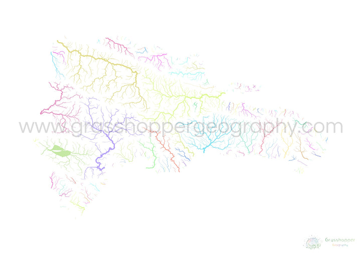 République Dominicaine - Carte des bassins fluviaux, pastel sur blanc - Fine Art Print