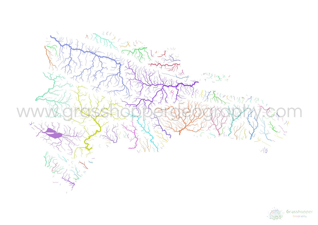 The Dominican Republic - River basin map, rainbow on white - Fine Art Print