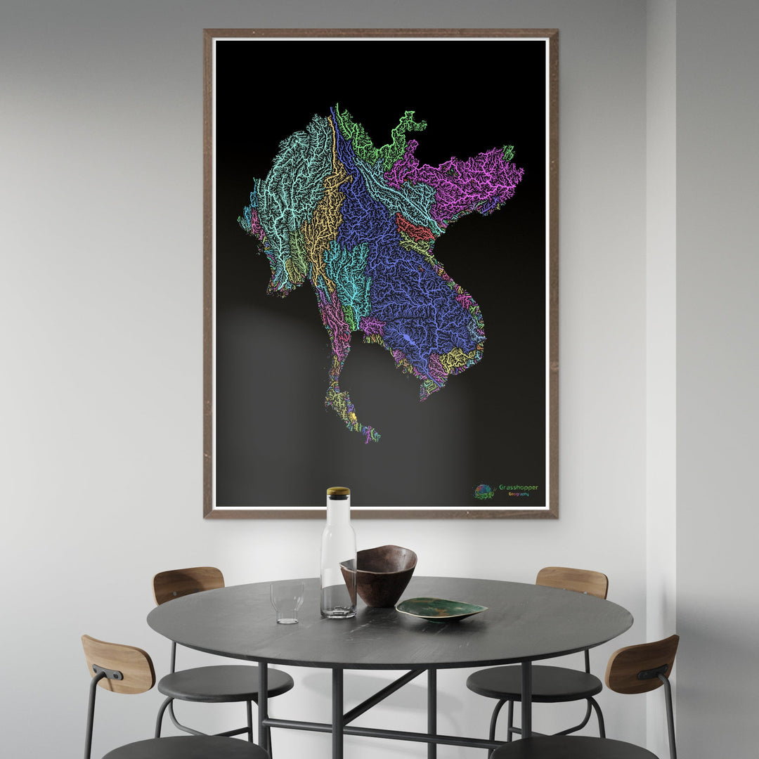 River basin map of the Greater Mekong Subregion, pastel colours on black - Fine Art Print