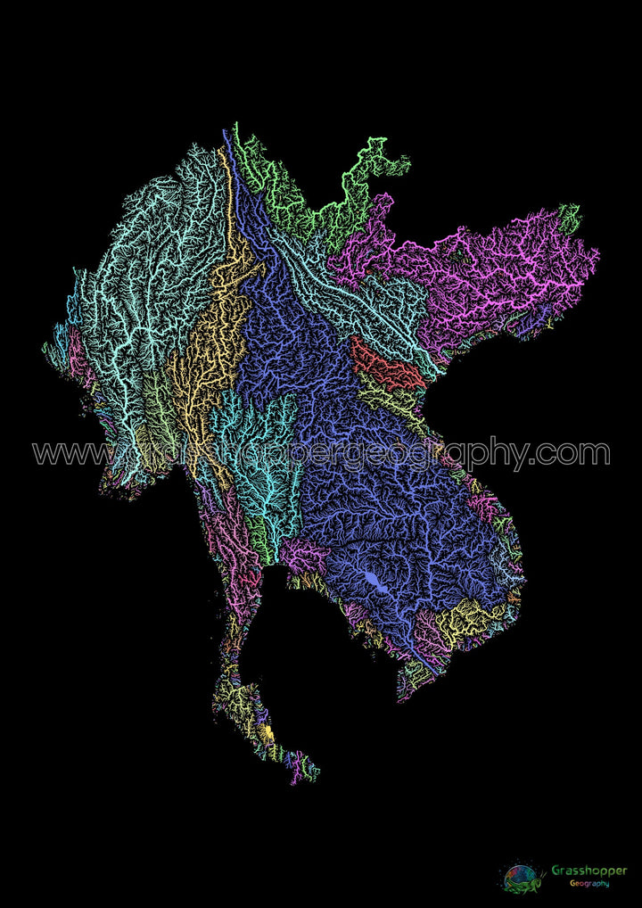 Sous-région du Grand Mékong - Carte des bassins fluviaux, pastel sur noir - Fine Art Print