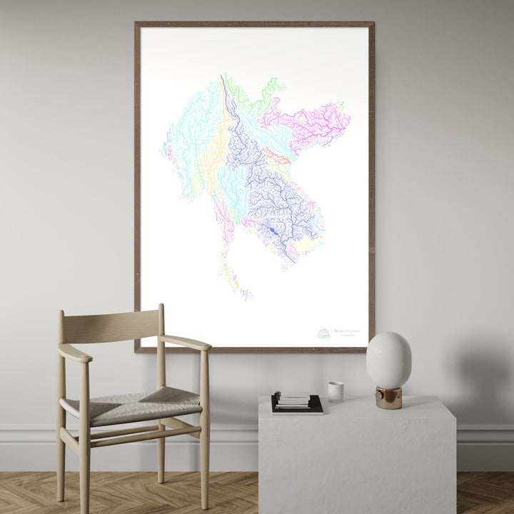 Sous-région du Grand Mékong - Carte des bassins fluviaux, pastel sur blanc - Fine Art Print