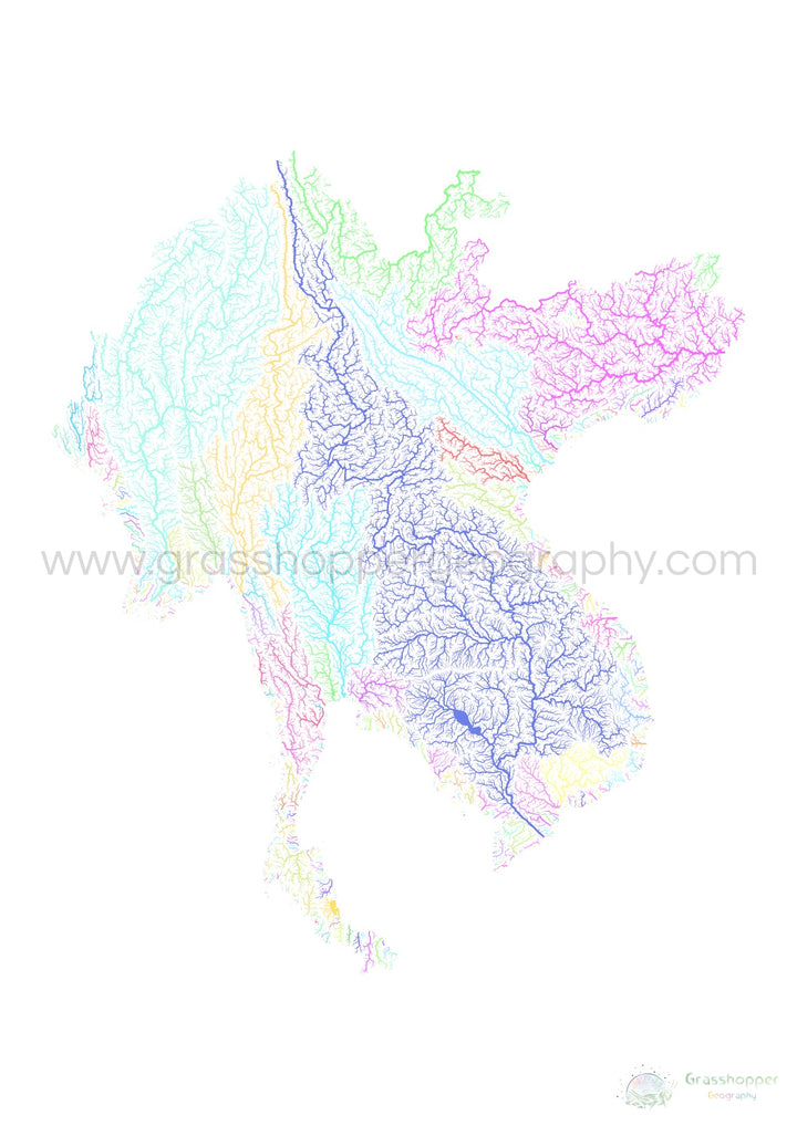 Sous-région du Grand Mékong - Carte des bassins fluviaux, pastel sur blanc - Fine Art Print