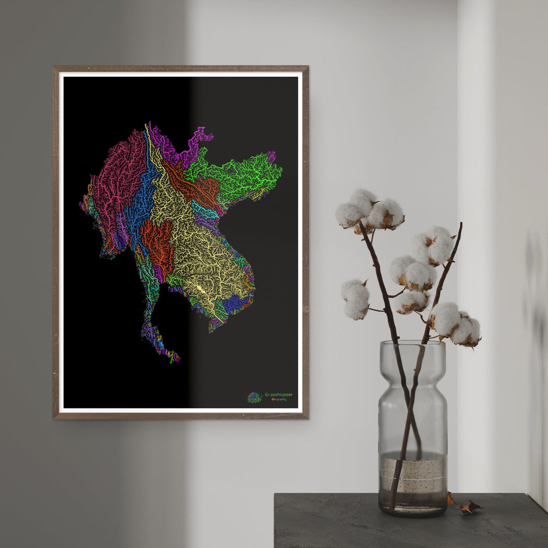 River basin map of the Greater Mekong Subregion, rainbow colours on black - Fine Art Print