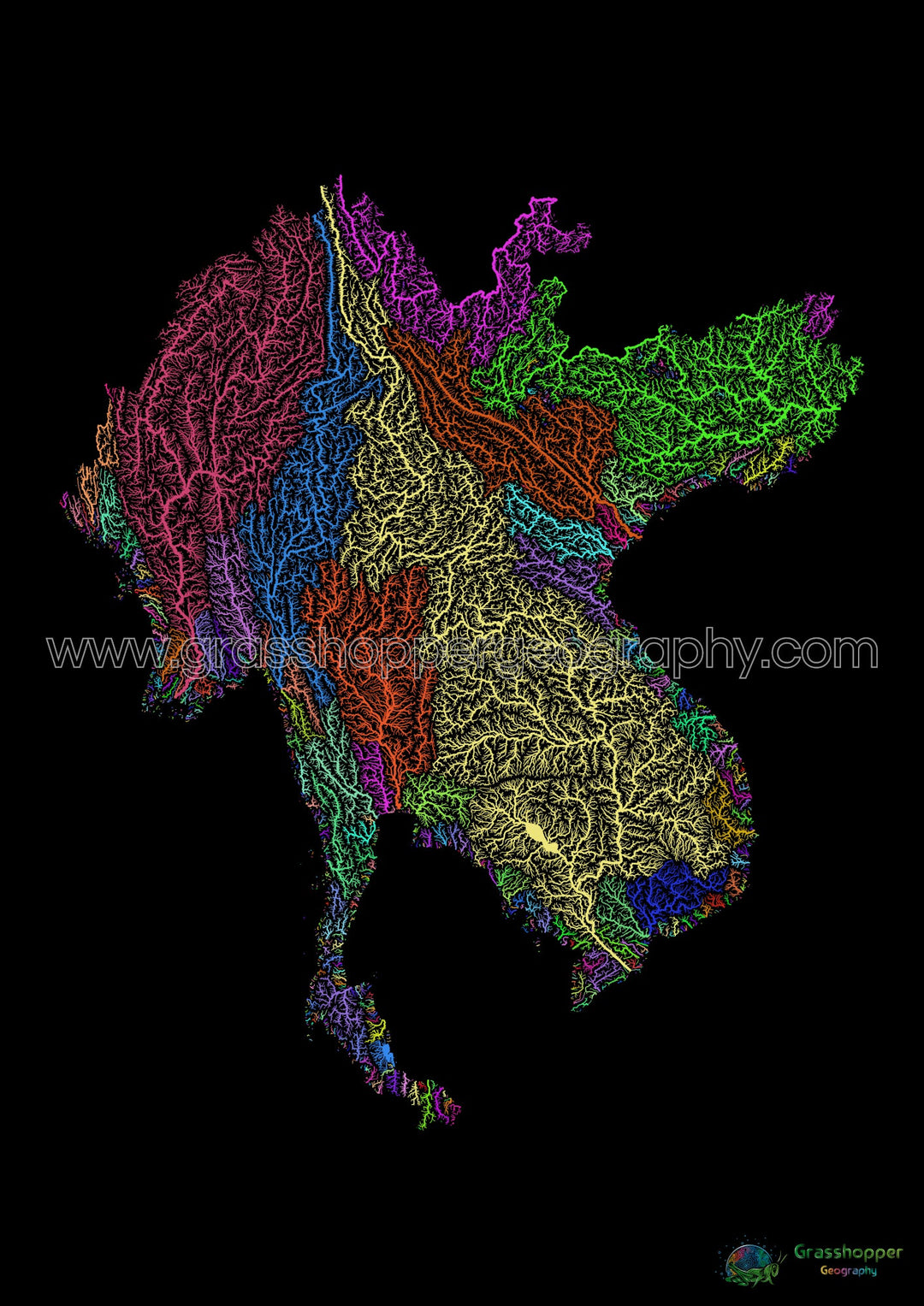River basin map of the Greater Mekong Subregion, rainbow colours on black - Fine Art Print