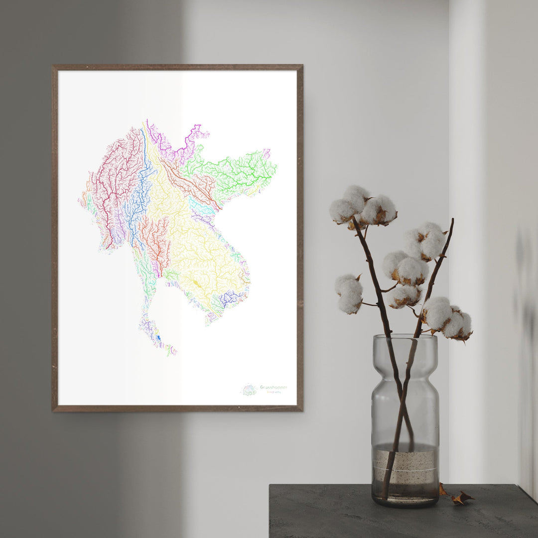River basin map of the Greater Mekong Subregion, rainbow colours on white - Fine Art Print
