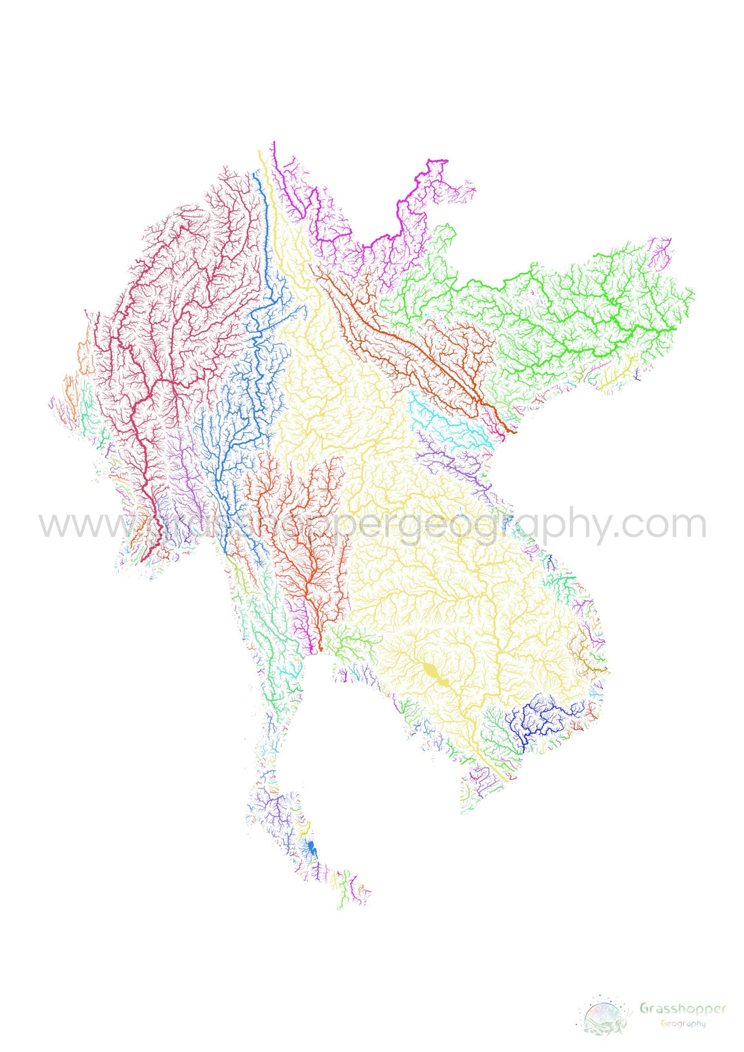 La subregión del Gran Mekong - Mapa de la cuenca fluvial, arco iris sobre blanco - - Impresión de bellas artes
