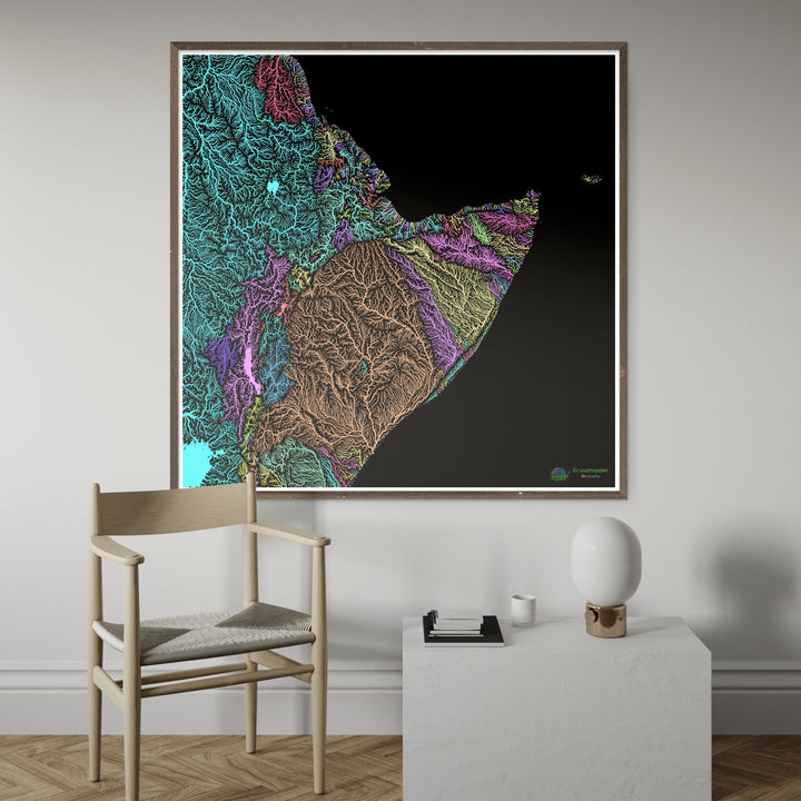 La Corne de l'Afrique - Carte des bassins fluviaux, pastel sur noir - Fine Art Print