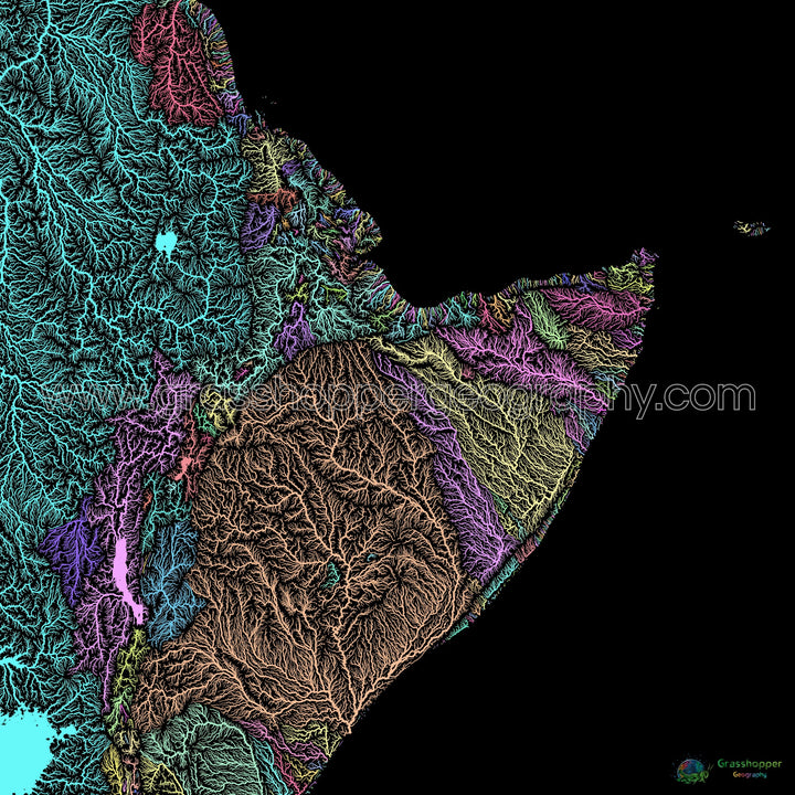 River basin map of the Horn of Africa, pastel colours on black - Fine Art Print
