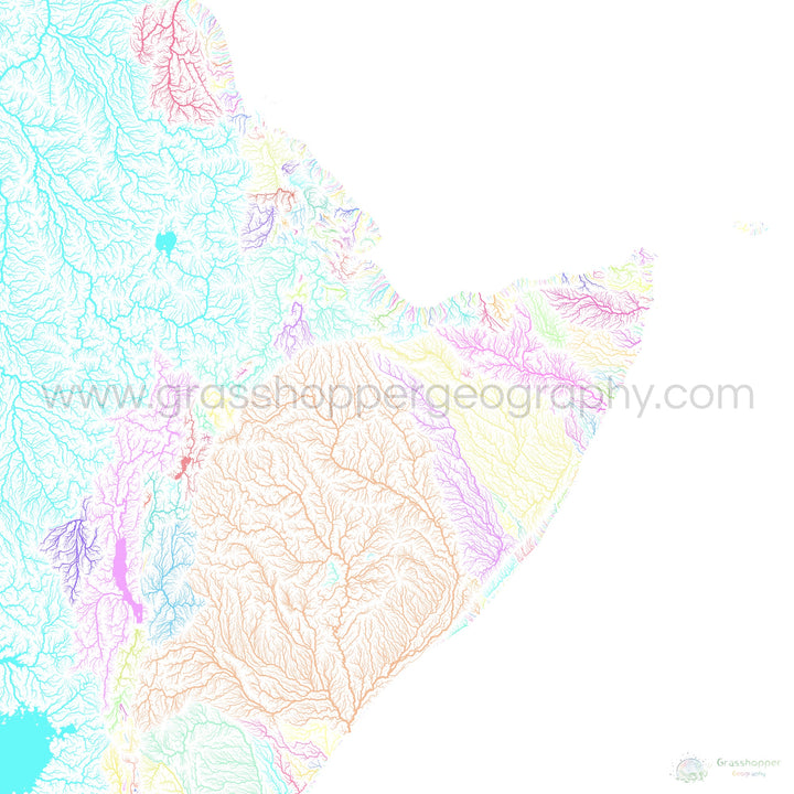 The Horn of Africa - River basin map, pastel on white - Fine Art Print