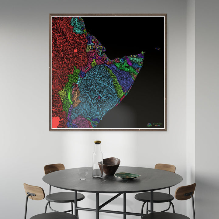River basin map of the Horn of Africa, rainbow colours on black - Fine Art Print