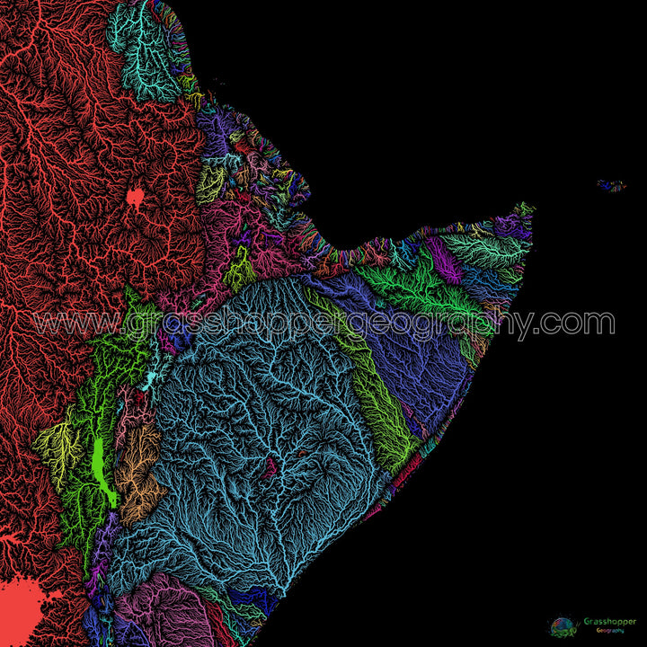 River basin map of the Horn of Africa, rainbow colours on black - Fine Art Print