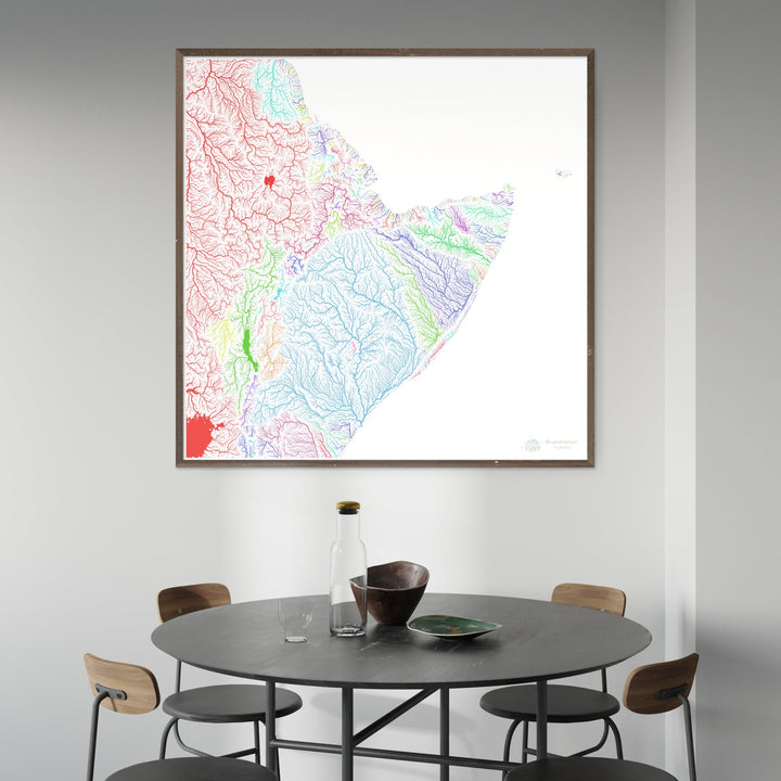 The Horn of Africa - River basin map, rainbow on white - - Fine Art Print