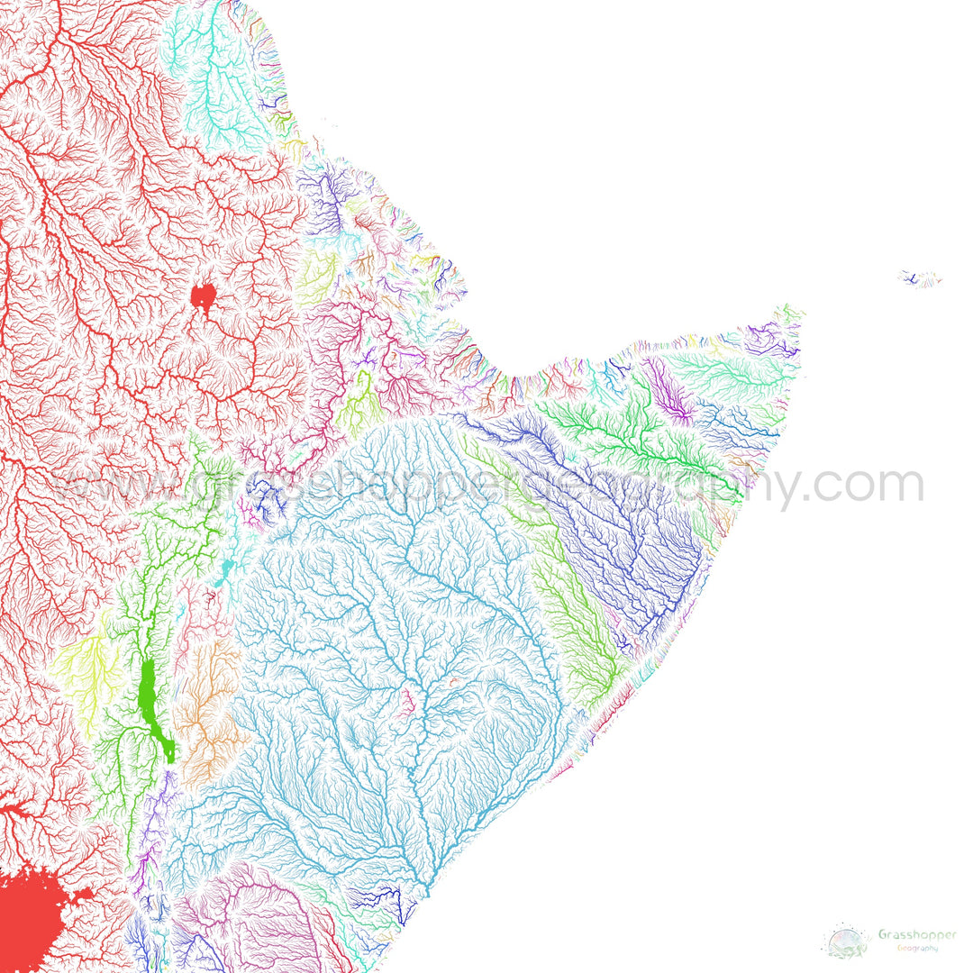 The Horn of Africa - River basin map, rainbow on white - - Fine Art Print
