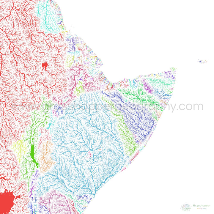 The Horn of Africa - River basin map, rainbow on white - - Fine Art Print