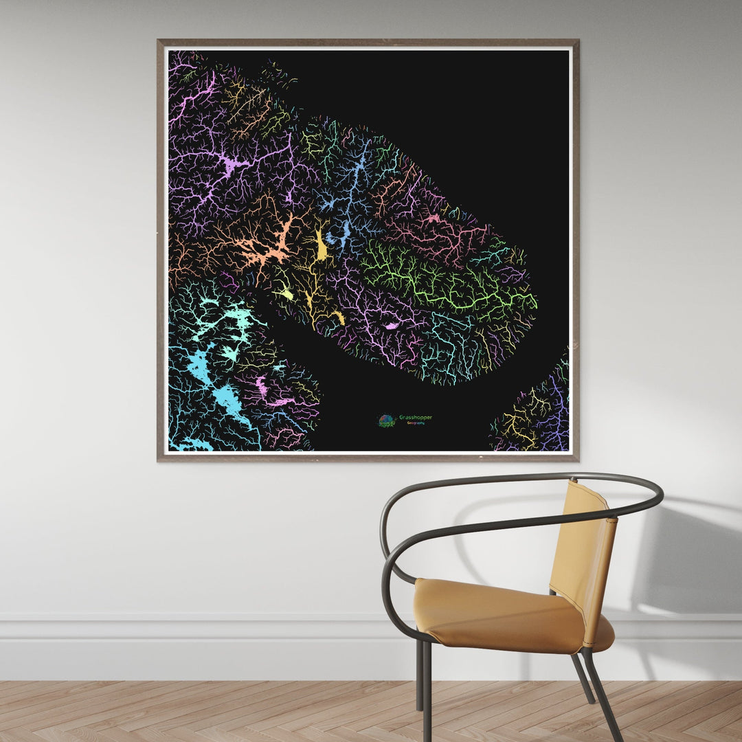 The Kola Peninsula - River basin map, pastel on black - Fine Art Print