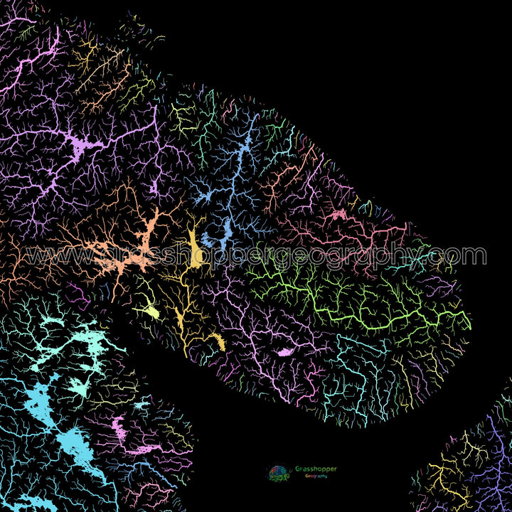 La península de Kola - Mapa de la cuenca fluvial, pastel sobre negro - Impresión de bellas artes
