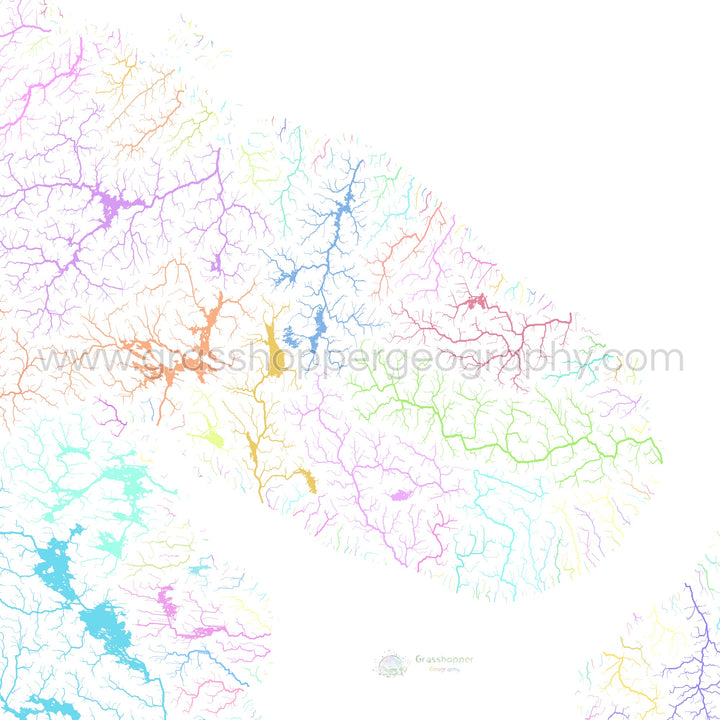La península de Kola - Mapa de la cuenca fluvial, pastel sobre blanco - Impresión de bellas artes