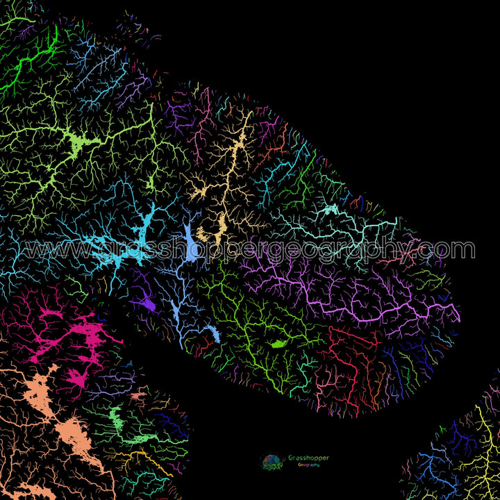 La península de Kola - Mapa de la cuenca fluvial, arco iris sobre negro - Impresión de bellas artes