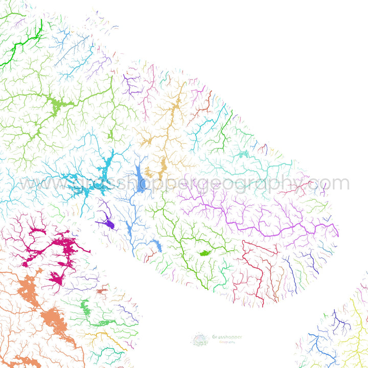 The Kola Peninsula - River basin map, rainbow on white - Fine Art Print