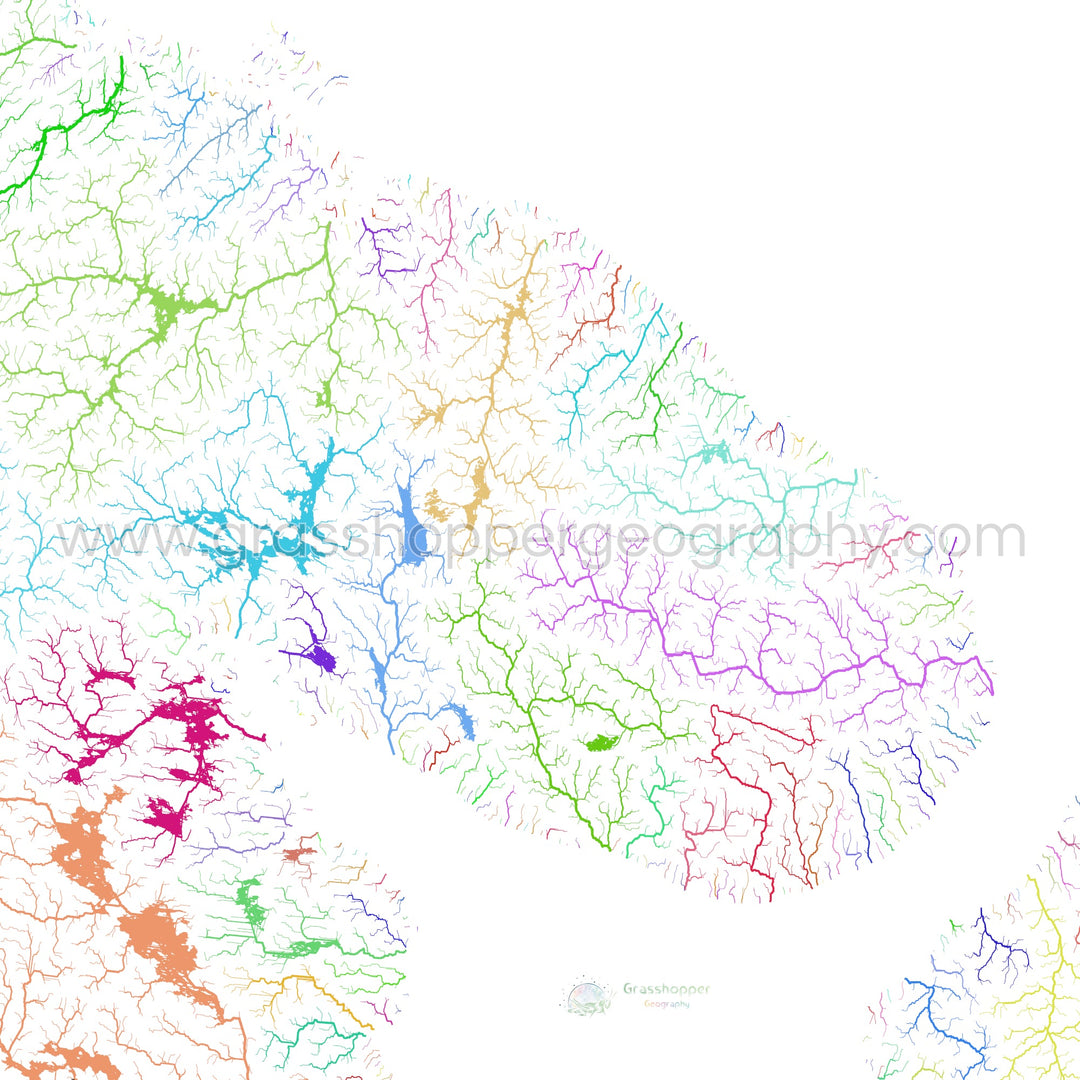 La península de Kola - Mapa de la cuenca fluvial, arco iris sobre blanco - Impresión de bellas artes