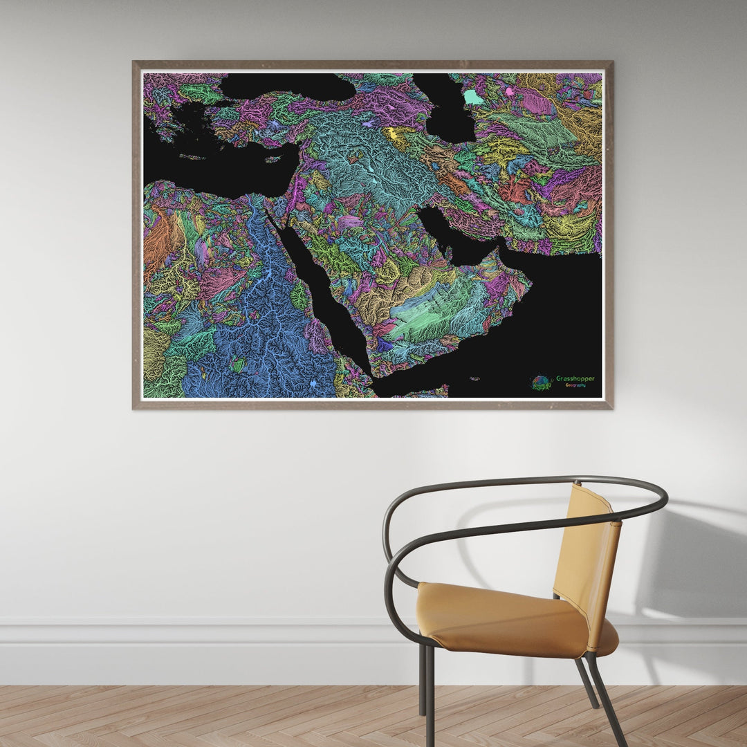 Le Moyen-Orient - Carte des bassins fluviaux, pastel sur noir - Fine Art Print