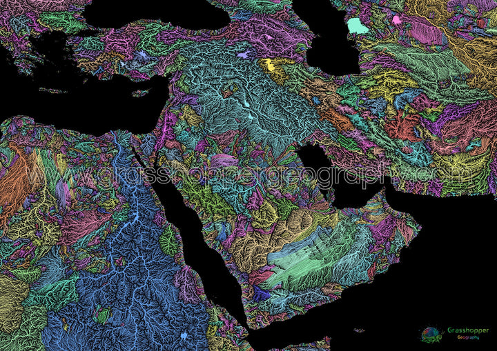 River basin map of the Middle East, pastel colours on black - Fine Art Print
