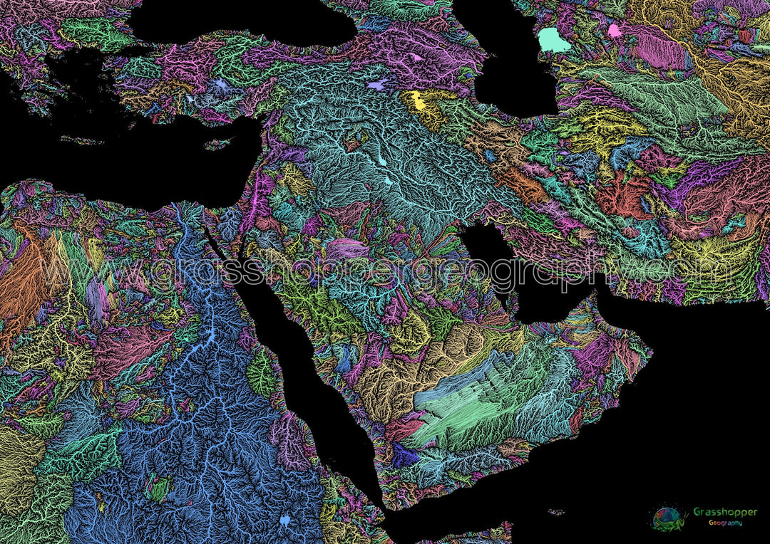 Oriente Medio - Mapa de la cuenca fluvial, pastel sobre negro - Impresión de Bellas Artes