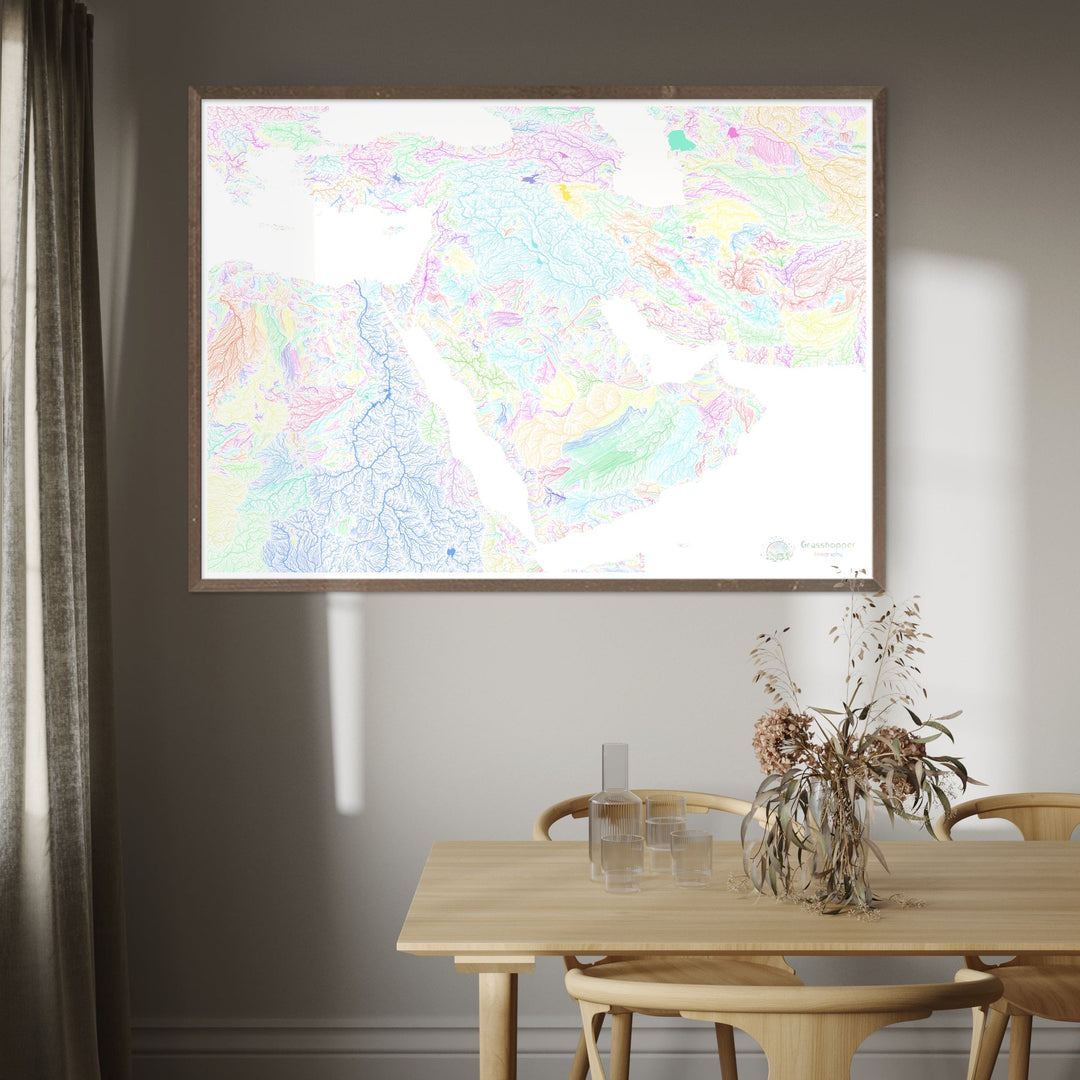 Le Moyen-Orient - Carte des bassins fluviaux, pastel sur blanc - Fine Art Print