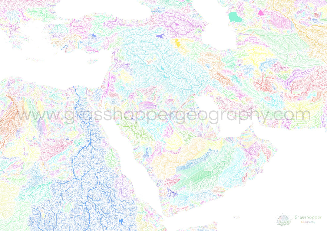 Oriente Medio - Mapa de la cuenca fluvial, pastel sobre blanco - Impresión de Bellas Artes