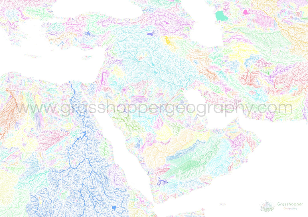 Le Moyen-Orient - Carte des bassins fluviaux, pastel sur blanc - Fine Art Print