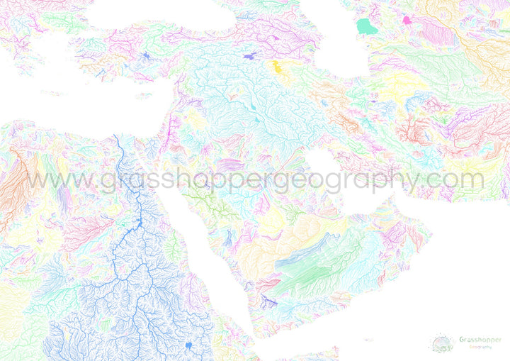 The Middle East - River basin map, pastel on white - Fine Art Print