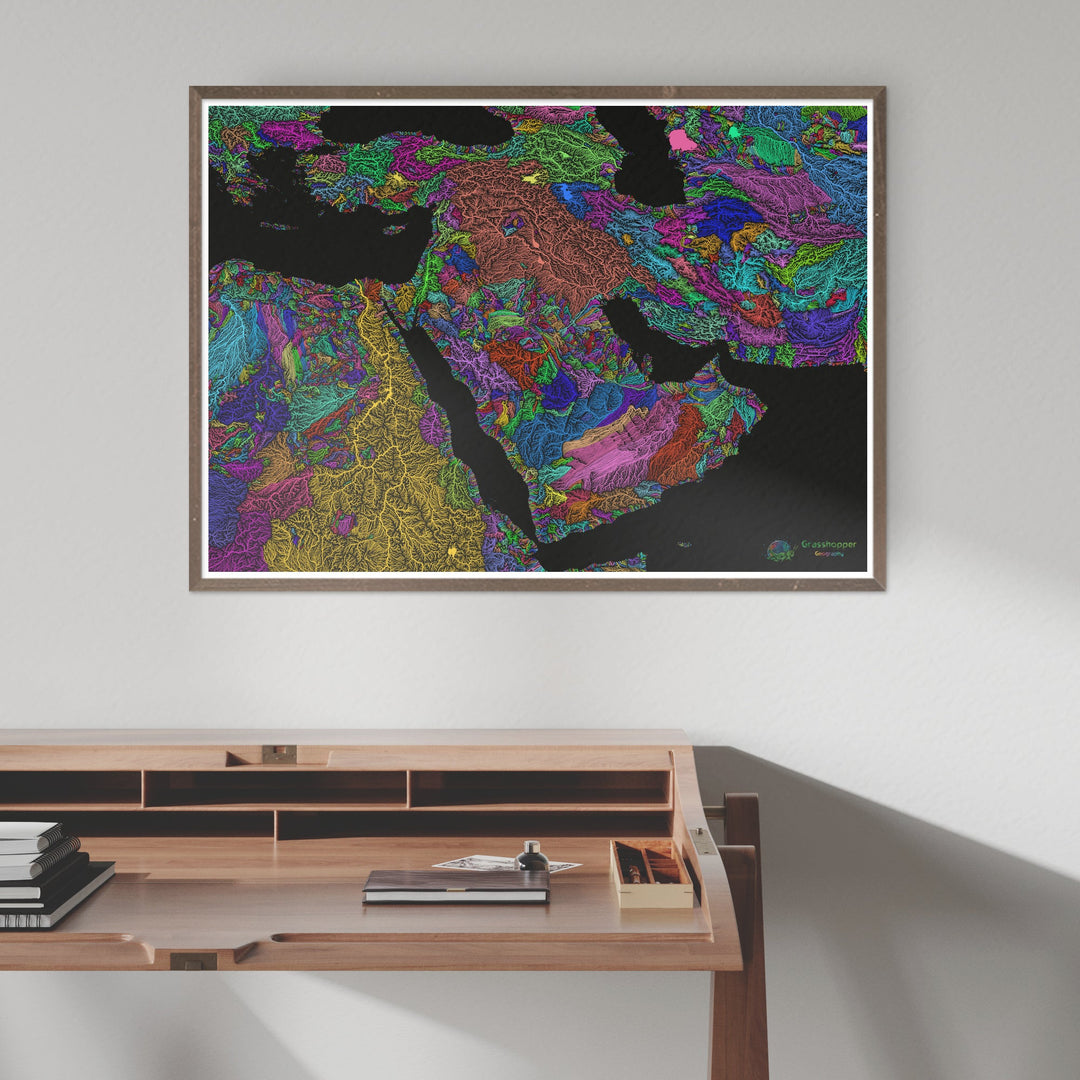 Le Moyen-Orient - Carte des bassins fluviaux, arc-en-ciel sur noir - Fine Art Print