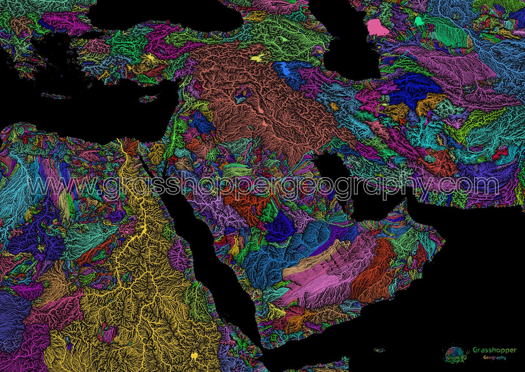 Oriente Medio - Mapa de cuencas fluviales, arco iris sobre negro - Impresión de bellas artes