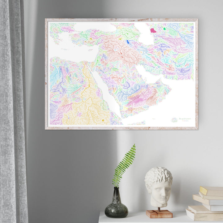 Oriente Medio - Mapa de la cuenca fluvial, arco iris sobre blanco - Impresión de Bellas Artes