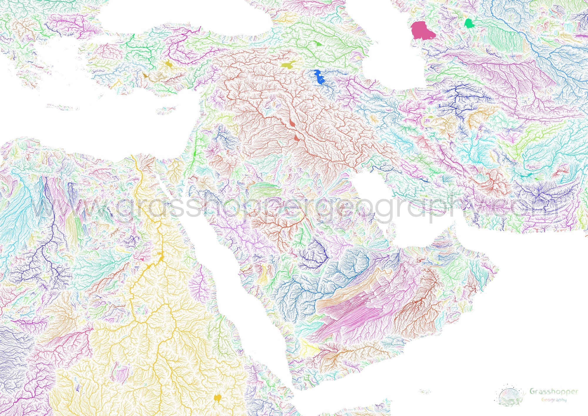 The Middle East River Basin Map Rainbow On White Fine Art Print River Basin Map Of The Middle East With White Background Fine Art Print By Grasshopper Geography Licensable 4