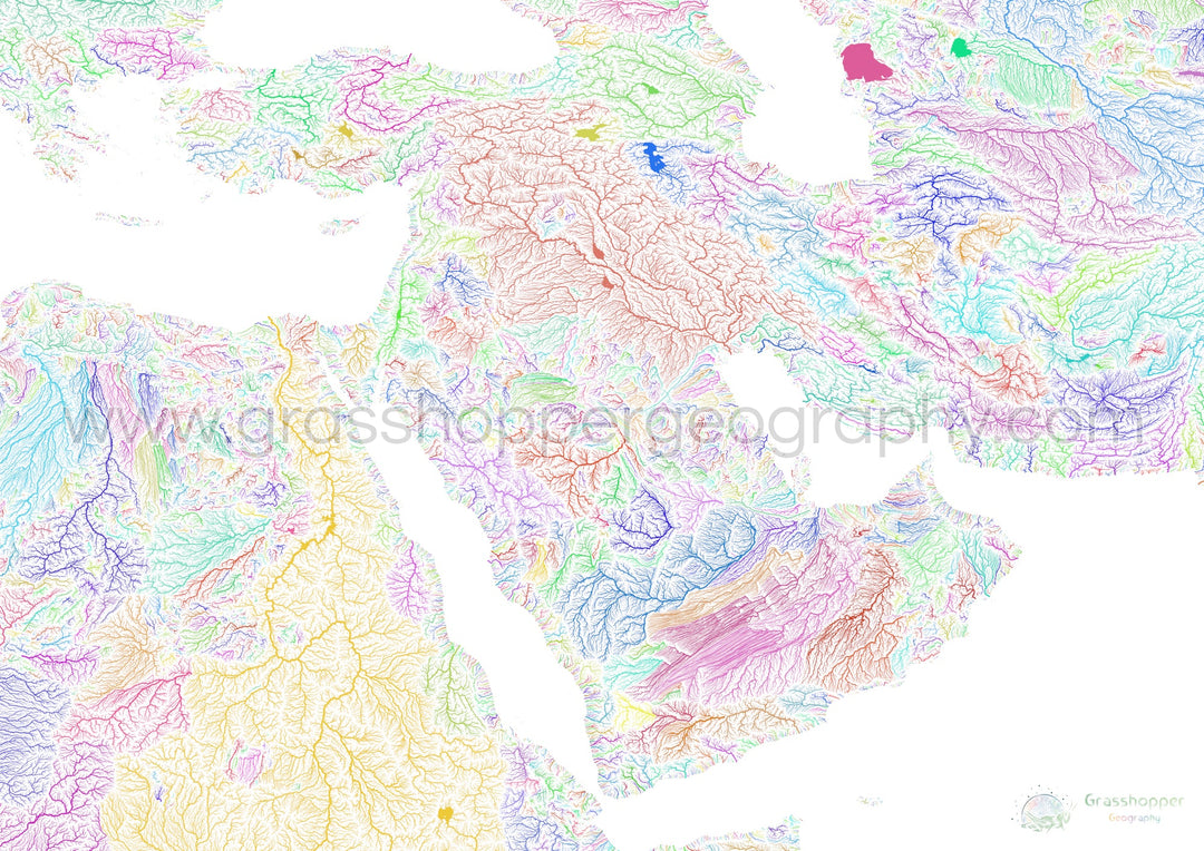 Oriente Medio - Mapa de la cuenca fluvial, arco iris sobre blanco - Impresión de Bellas Artes