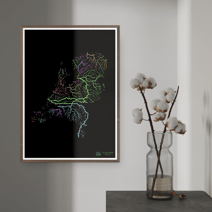 The Netherlands - River basin map, pastel on black - Fine Art Print