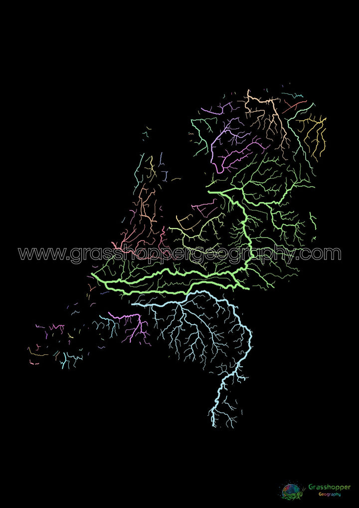 Países Bajos - Mapa de la cuenca fluvial, pastel sobre negro - Impresión de bellas artes