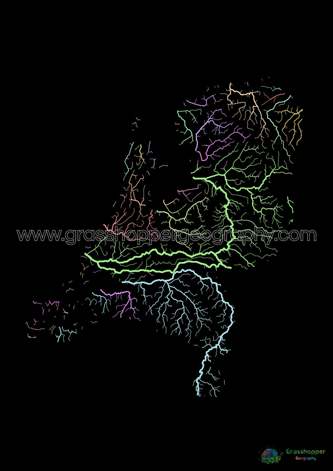 Pays-Bas - Carte des bassins fluviaux, pastel sur noir - Fine Art Print